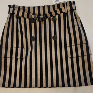 Striped Navy and Khaki Tan Belted A-Line Mini Skirt